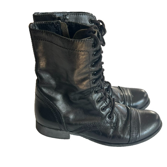 Steve Madden Boots Women's 9.5 M Black Leather Lace Up Combat Troopa Military - Picture 1 of 16